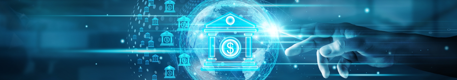 tip of a glowing hand pointing to a financial building